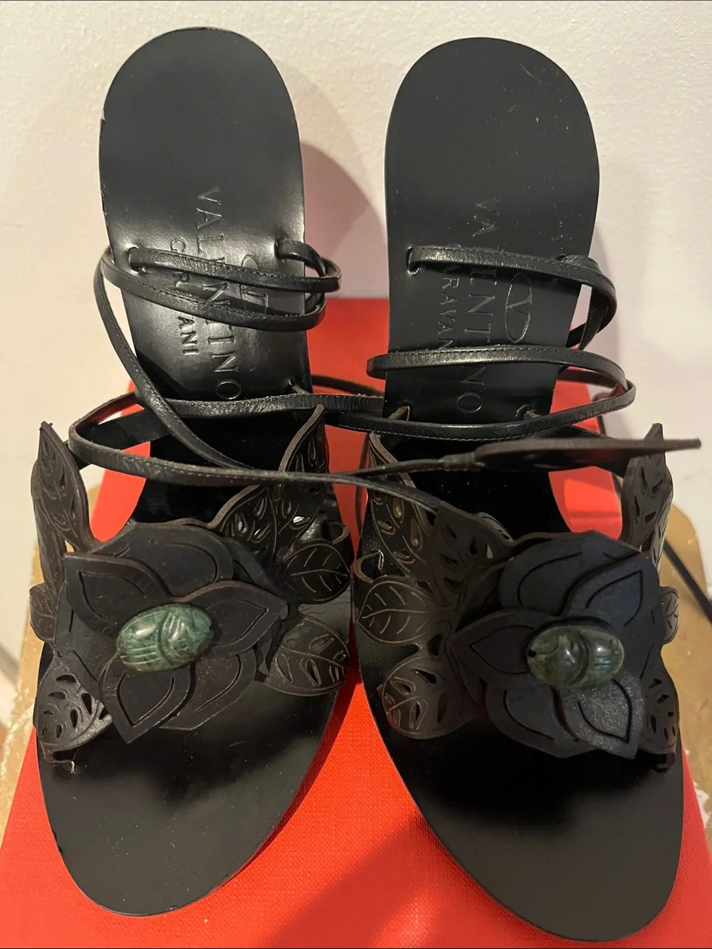 Valentino Black Leather Floral Wrap Sandals with Green Stone Accent